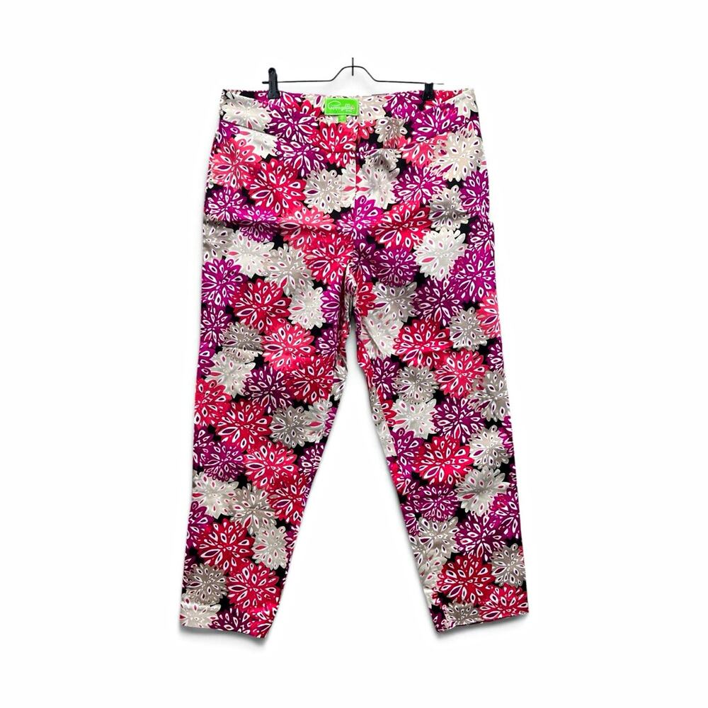 Pappagallo Floral Canvas Pants Women's Size 16 Pink Red Beige Mid Rise Straight